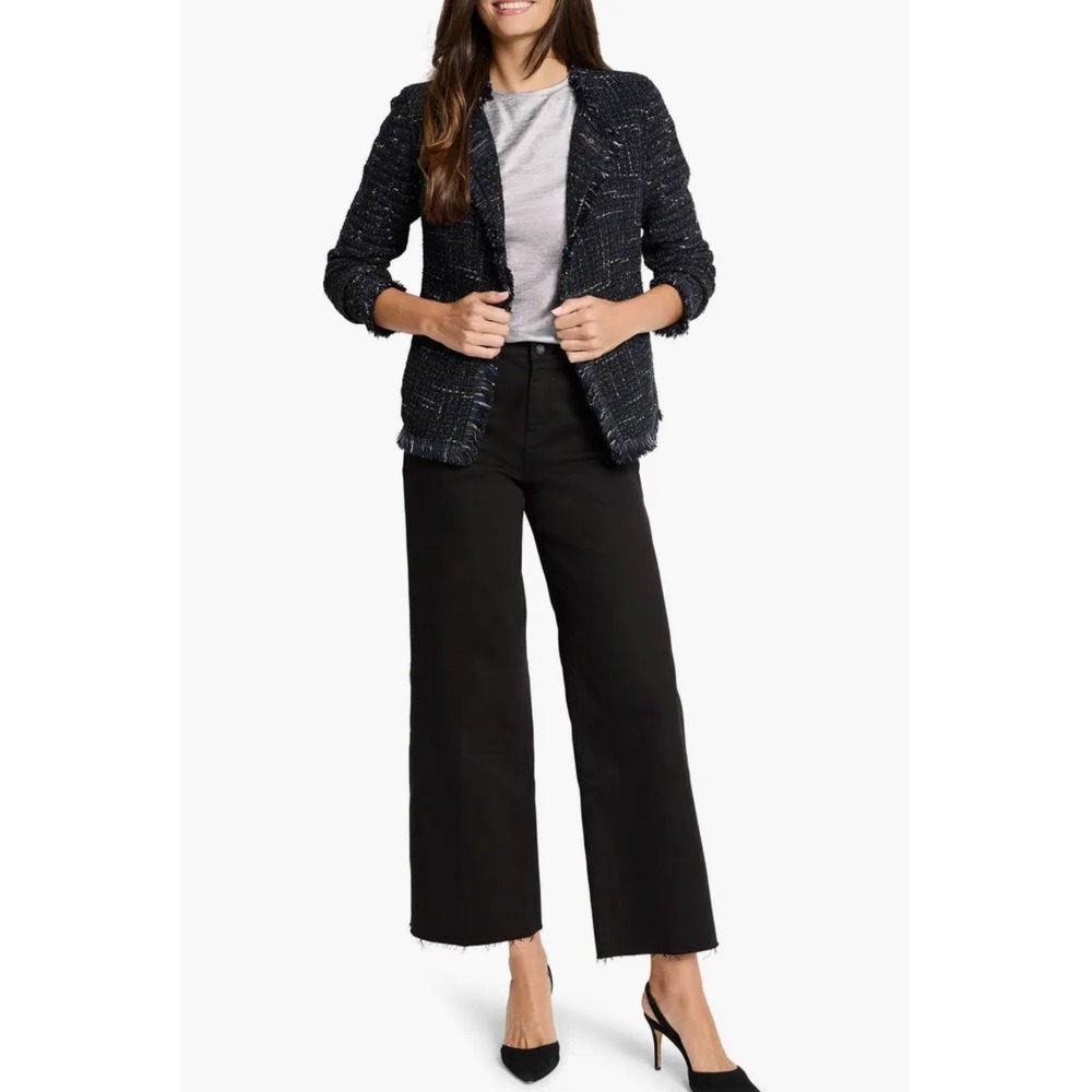 NIC ZOE Tweed Fringe Collarless Blazer Jacket Navy Multi Textured Cropped pp‎ - Picture 3 of 9